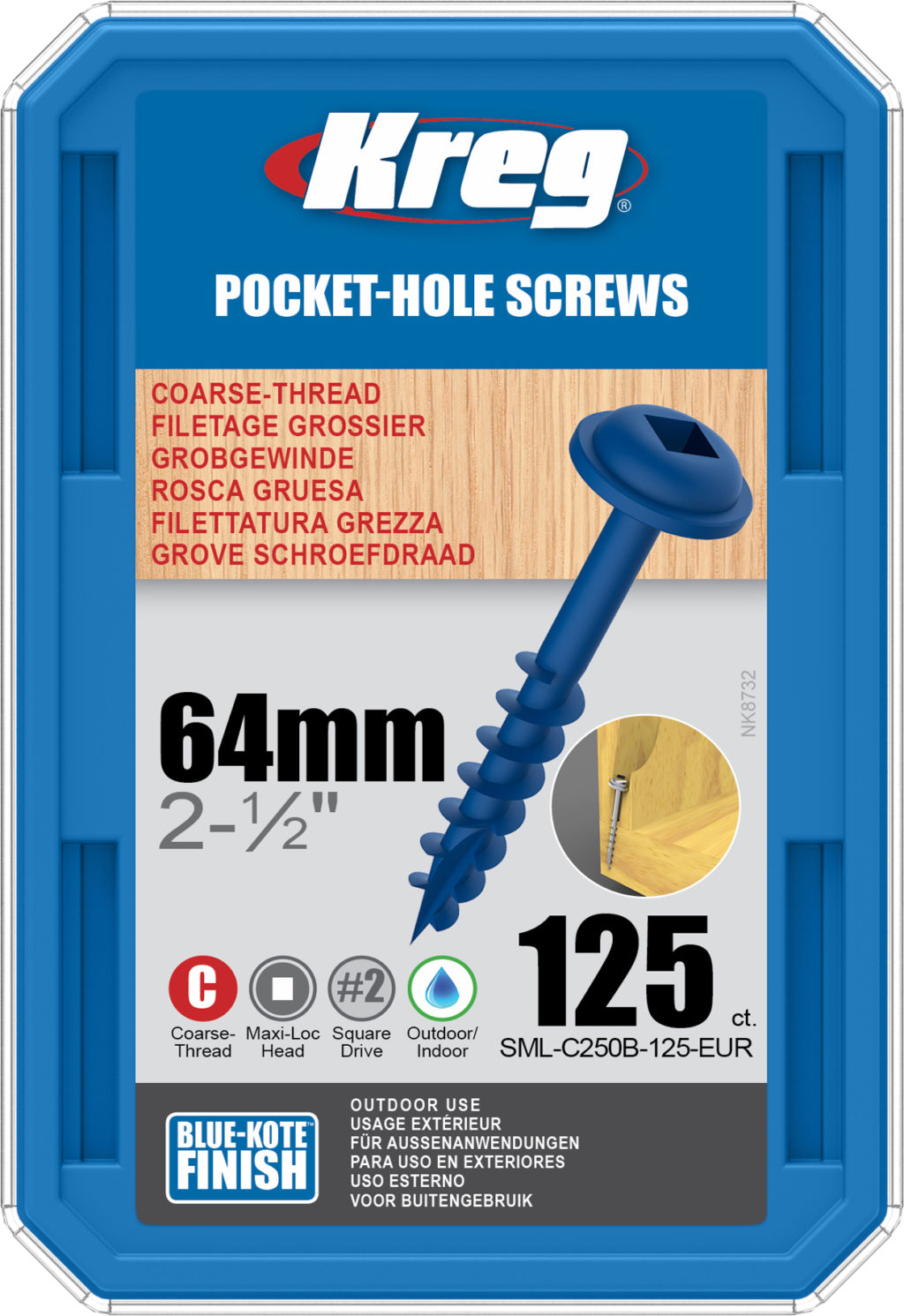 Kreg Blue Kote Pocket Hole Screws 64mm 8 Coarse Washer Head 125ct